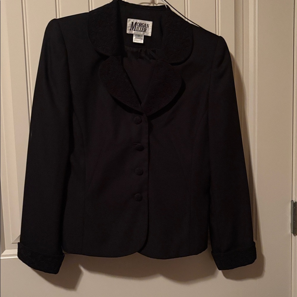 Vintage 90s Morgan Miller black suit Shoulder Pads Skirt L  28”Waist 14”